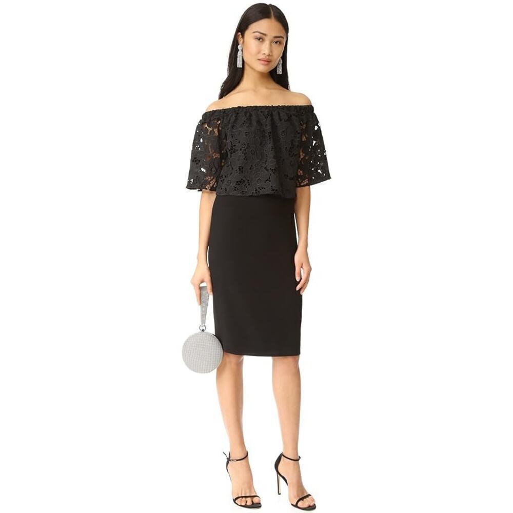 Shoshanna Astor Dress Floral Lace Off Shoulder Sheath Knee Length Black Size 6